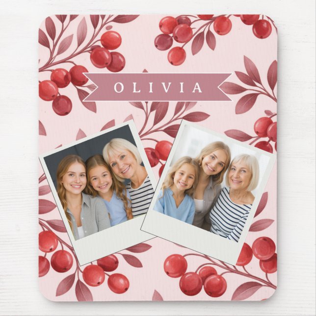 Personalized Winter Red Berry Botanical Cottage Mouse Mat (Front)