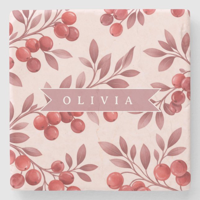 Personalized Winter Red Berry Botanical Cottage Stone Coaster (Front)