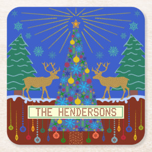 Personalized Winter Reindeer Christmas Tree Scene Square Paper Coaster