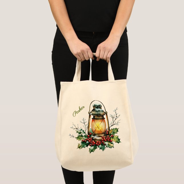 Personalized Winter Watercolor Holly & Berries Tote Bag (Front (Product))