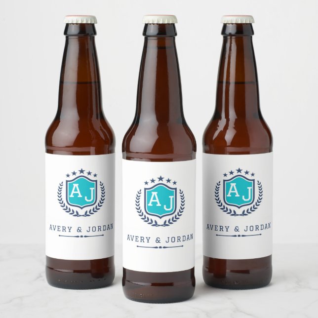 Personalized wite blue Monogram Wedding  Beer Bottle Label (Bottles)