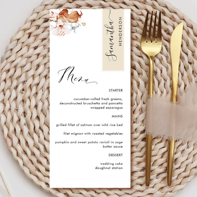 Personalized with Guest Name, Beige Earthy Blooms Menu (Creator Uploaded)