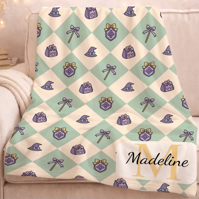 Personalized Wizard School Monogram Name Green Fleece Blanket (Creator Uploaded)