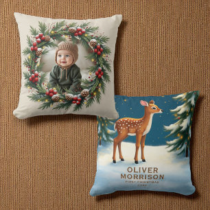 Personalized Woodland First Christmas Baby Deer Cushion