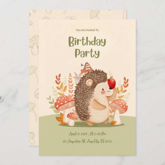 Personalized Woodland Hedgehog Birthday Invitation (Front/Back)