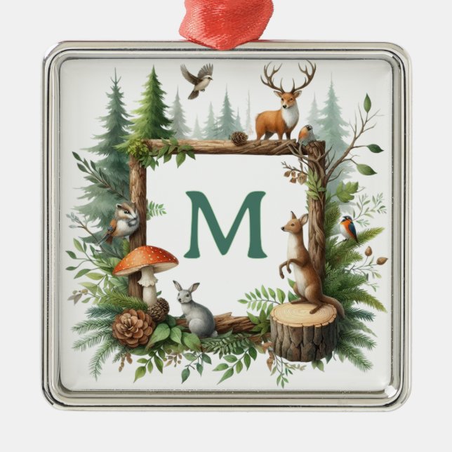Personalized Woodland Monogram Christmas Ornament (Front)