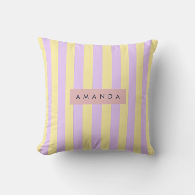Personalized Yellow and Lavender Pastel Stripe Cushion (Front)