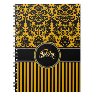 Personalized Yellow Black White Striped Damask Notebook