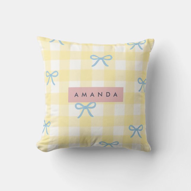 Personalized Yellow Gingham & Blue Bow Pastel  Cushion (Front)