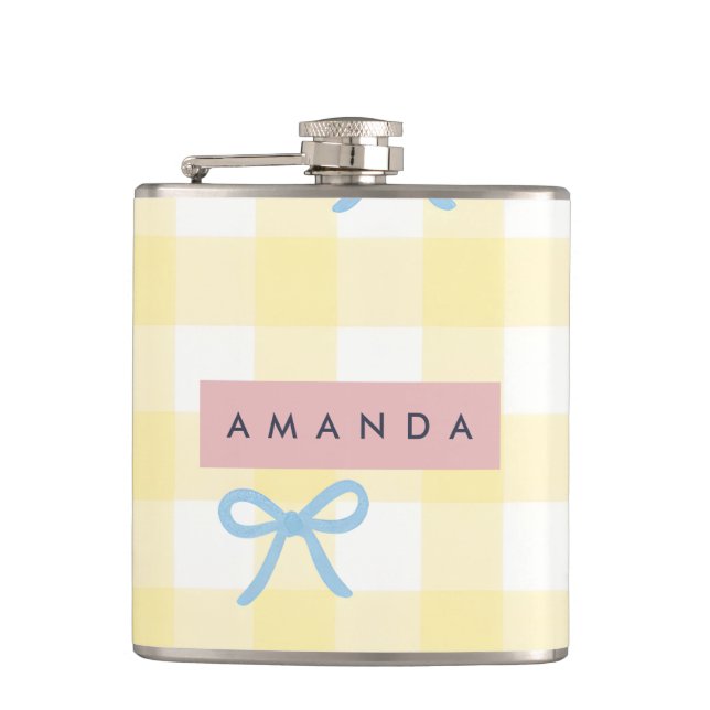 Personalized Yellow Gingham & Blue Bow Pastel  Hip Flask (Front)