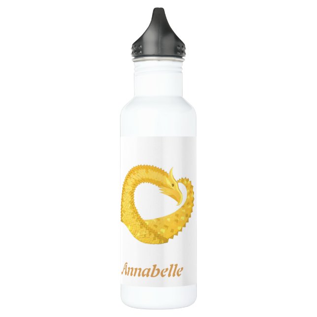 Personalized yellow heart dragon on white 710 ml water bottle (Left)
