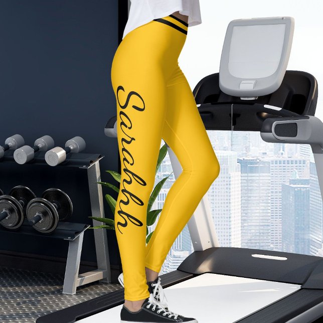 Personalized Yellow Orange Black Stripes Cute Name Leggings (Creator Uploaded)