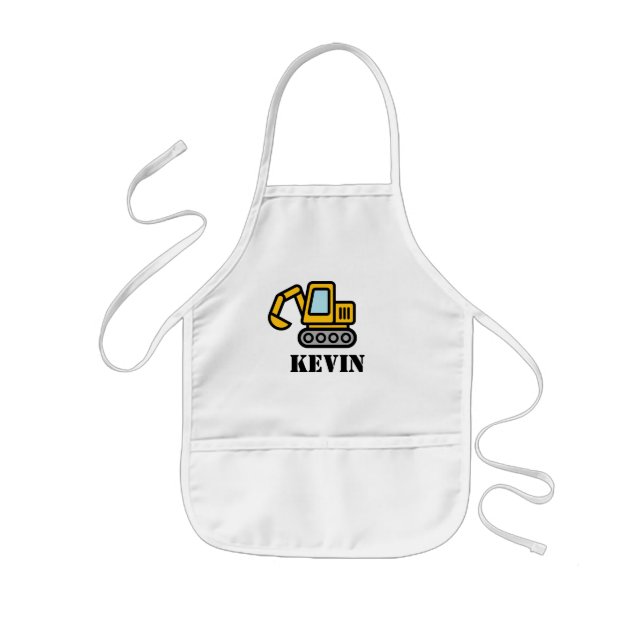 Personalized yellow toy construction excavator kids apron (Front)