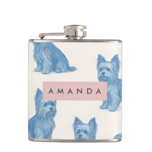 Personalized Yorkshire Terrier Blue Name Gift Cute Hip Flask