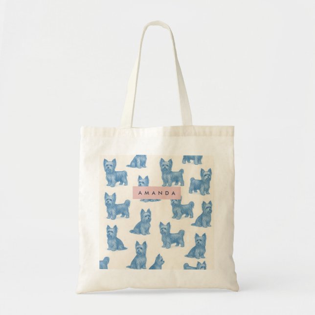 Personalized Yorkshire Terrier Blue Name Gift Cute Tote Bag (Front)