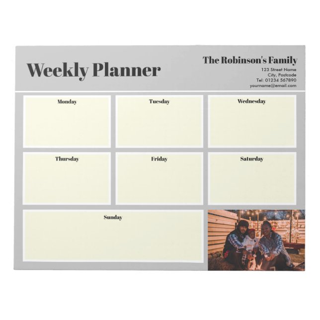 Personalized Your Photo Weekly Planner Plain Gray Notepad (Front)