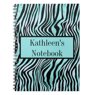 Personalized Zebra Print Black and Teal Turquoise  Notebook