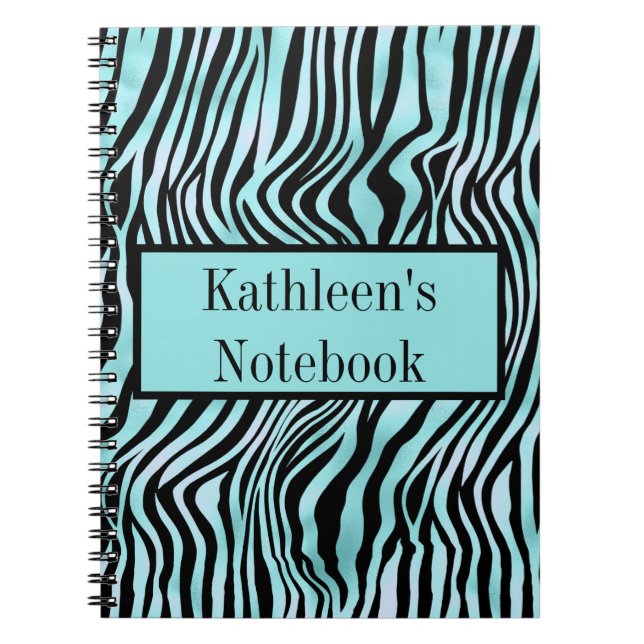 Personalized Zebra Print Black and Teal Turquoise  Notebook (Front)