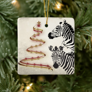 Personalized Zebras and Ribbon Christmas Trees Ceramic Ornament