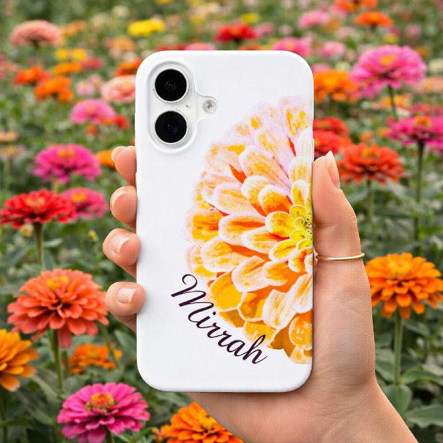 Personalized Zinnia Flower with Custom Name Floral iPhone 16 Case (Custom Name Floral iPhone Case)