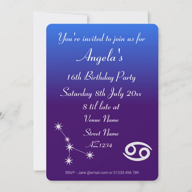 Personalized Zodiac Cancer Galaxy Party Invitation (Front)