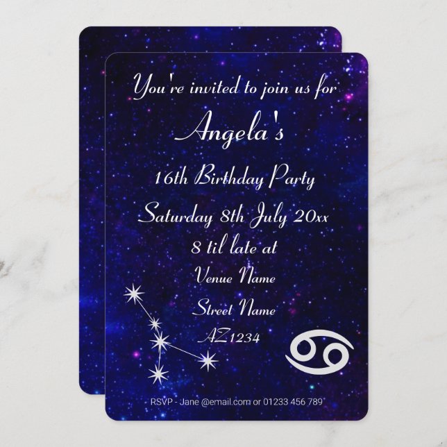 Personalized Zodiac Cancer Galaxy Party Invitation (Front/Back)