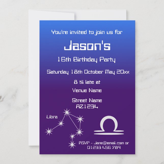 Personalized Zodiac Libra Galaxy Party Invitation (Front)