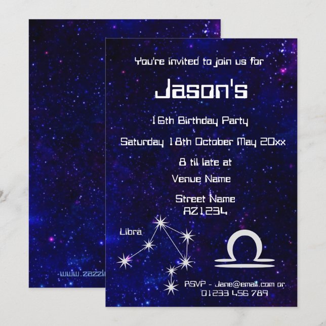 Personalized Zodiac Libra Galaxy Party Invitation (Front/Back)