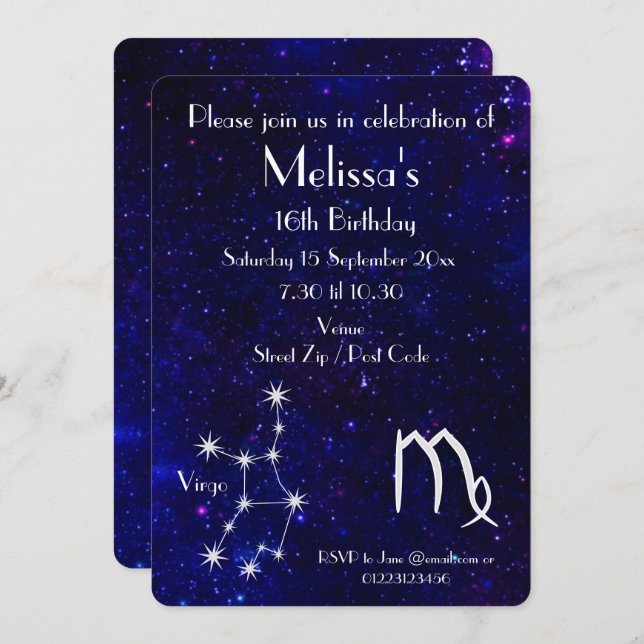 Personalized Zodiac Virgo Galaxy Party Invitation (Front/Back)
