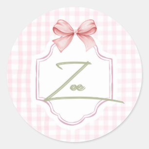Personalized Zoe Baby Girl Nursery Bow&Gingham  Classic Round Sticker