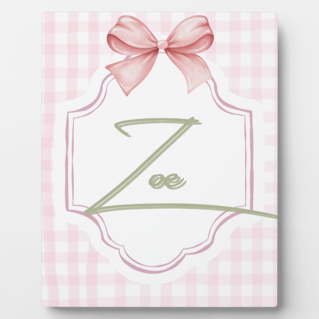 Personalized Zoe Baby Girl Nursery Bow&Gingham  Plaque (Front)