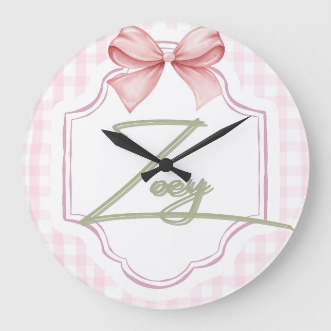Personalized Zoey Baby Girl Nursery Bow&Gingham  Large Clock (Front)