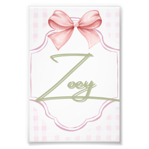 Personalized Zoey Baby Girl Nursery Bow&Gingham  Photo Print