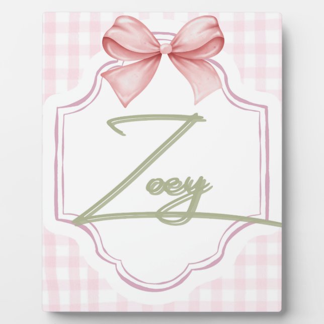 Personalized Zoey Baby Girl Nursery Bow&Gingham  Plaque (Front)