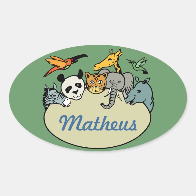 personalized zoo family animals oval sticker (Front)