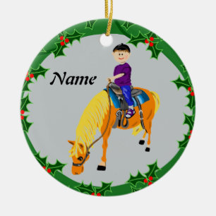 Personalizedcartoon boy on pony horse ceramic tree decoration