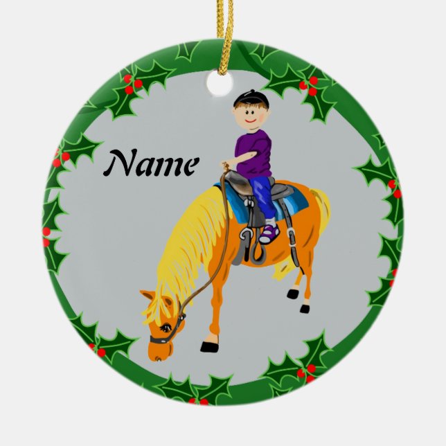 Personalizedcartoon boy on pony horse ceramic tree decoration (Front)