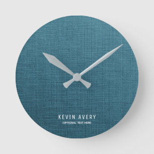 Personalzied Blue Linen Texture Round Clock