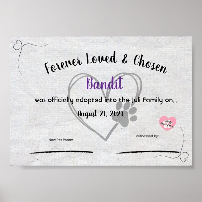 Personalzied Pet Adoption Certificate  Poster (Front)