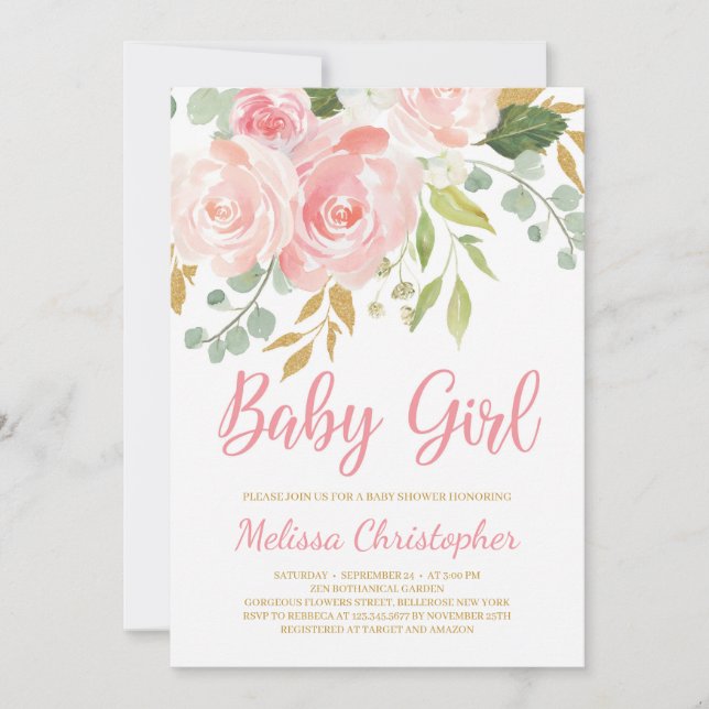 Personazlied girl blush pink floral baby shower invitation (Front)