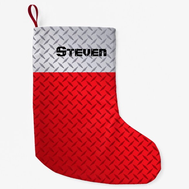 Personazlied Red and Steel Diamondplate Pattern Small Christmas Stocking (Front)