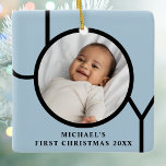 Personilized Baby Boy's Blue First Christmas Photo Ceramic Ornament<br><div class="desc">This stylish Baby Boy's First Christmas Photo Ornament is decorated with the word JOY in black on a blue background.
Easily customisable with your photo,  name,  and year.</div>