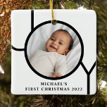 Personilized Baby Boy's First Christmas Photo Ceramic Ornament<br><div class="desc">This stylish Baby Boy's First Christmas Photo Ornament is decorated with the word JOY in black on a white background.
Easily customizable with your photo,  name,  and year.</div>