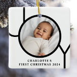 Personilized Baby Girl's First Christmas Photo Ceramic Ornament<br><div class="desc">This stylish Baby Girl's First Christmas Photo Ornament is decorated with the word JOY in black on a white background.
Easily customisable with your photo,  name,  and year.</div>