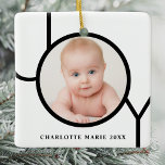 Personilized Baby Photo Christmas Ceramic Ornament<br><div class="desc">This modern Christmas Photo Ornament is decorated with the word JOY in black on a white background.
Easily customisable with your photo and name.</div>