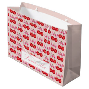 Personilized Cherry-Themed with Pink Bow Accents Large Gift Bag