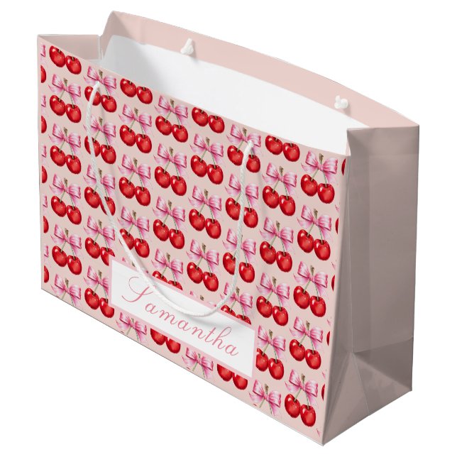 Personilized Cherry-Themed with Pink Bow Accents Large Gift Bag (Back Angled)