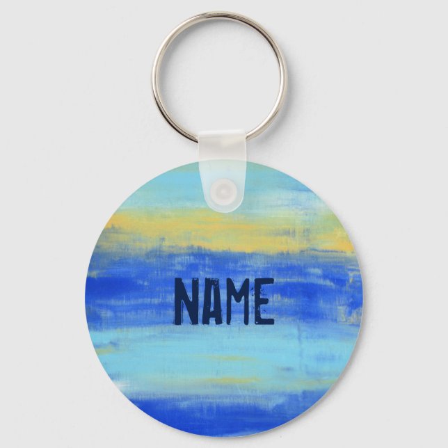 Personlized Button Keychain  "At the Beach" Blue (Front)
