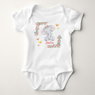Personlized Name Baby Bodysuit Floral Elephant