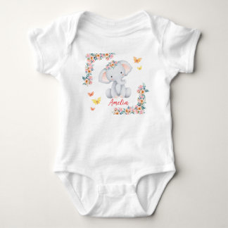 Personlized Name Baby Bodysuit Floral Elephant